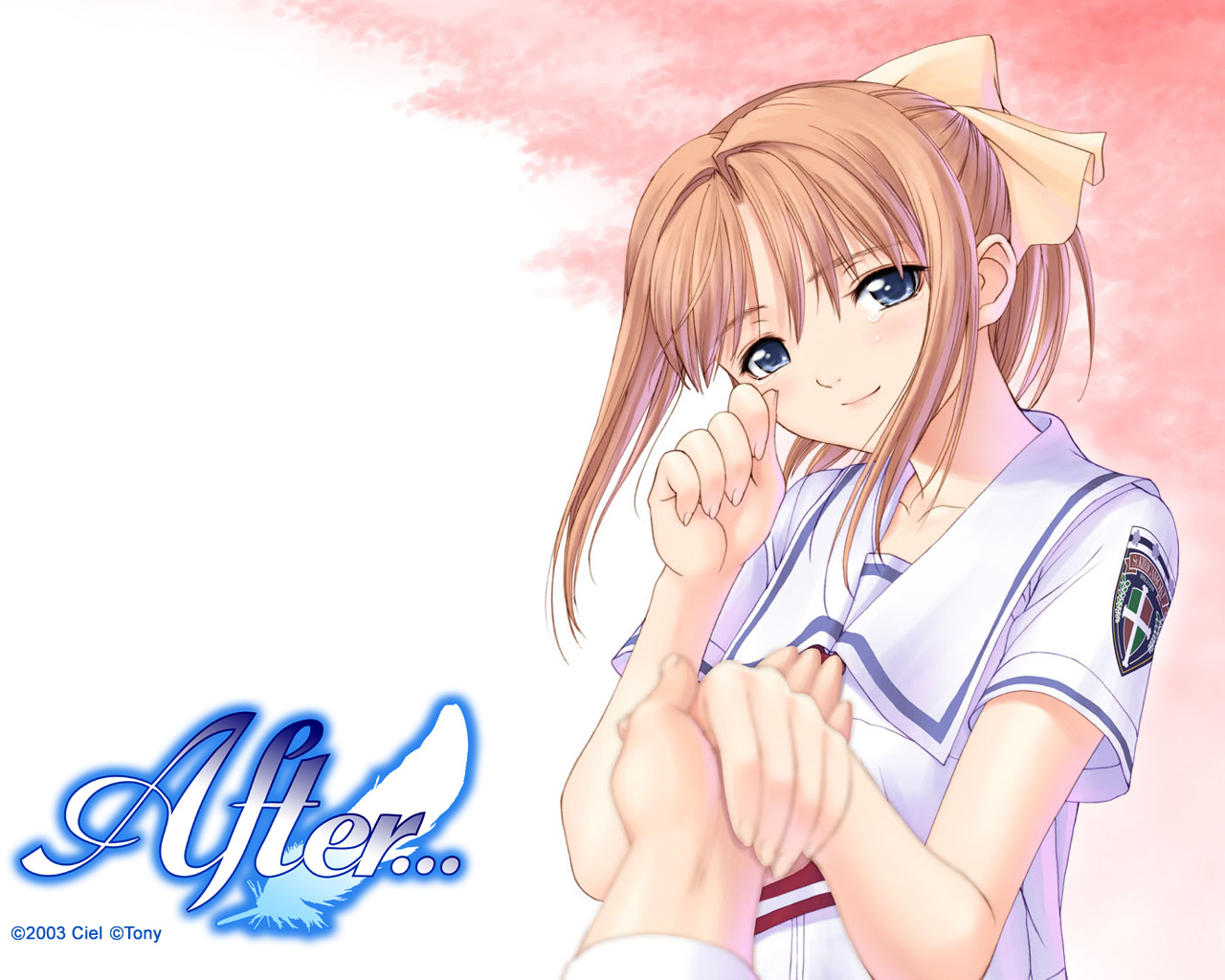 tony taka, shiomiya kanami, after (game), after sweet kiss, 00s, 1girl, blue eyes, brown hair, head tilt, holding hands, ponytail, pov, school uniform, serafuku, smile, solo focus, tears