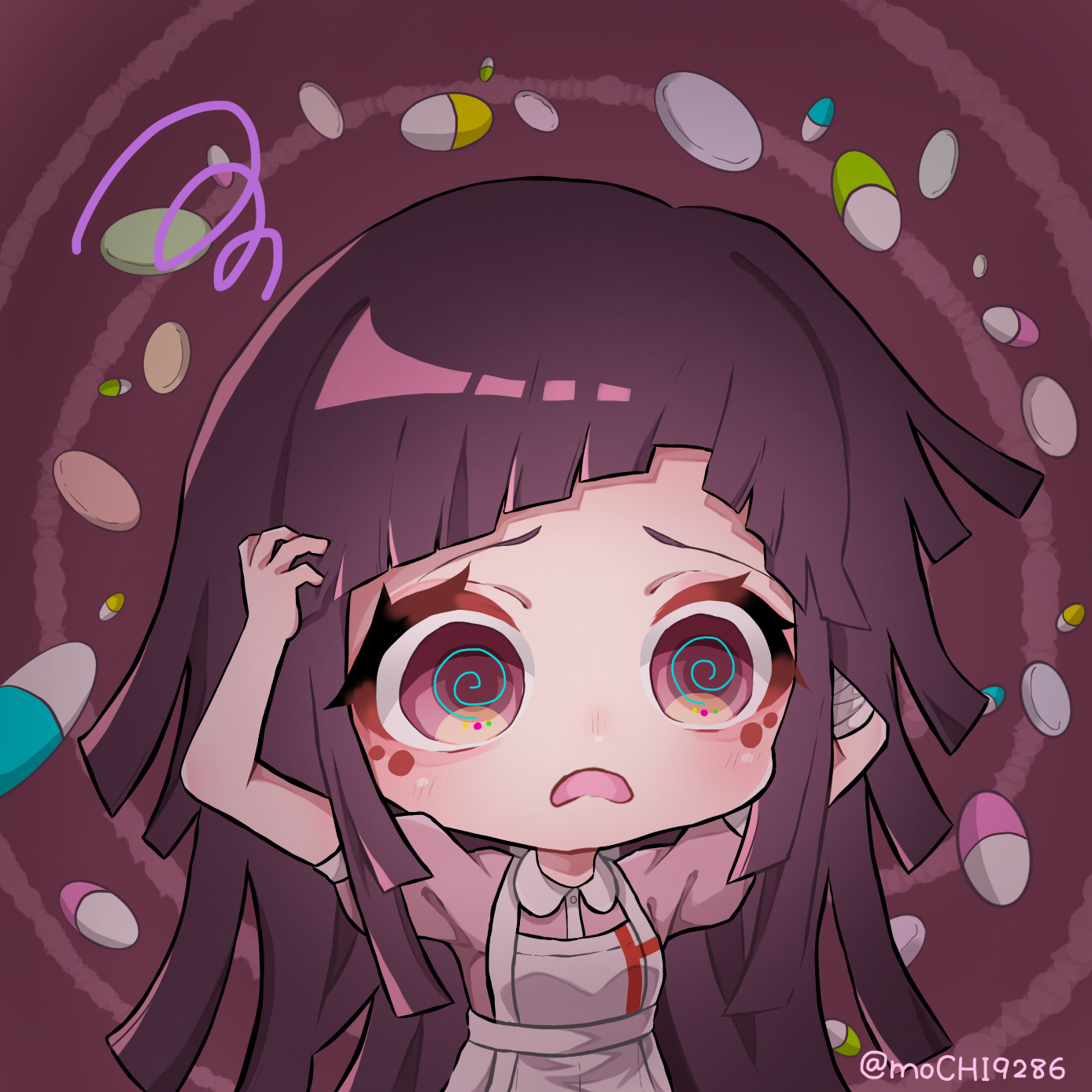 tsumiki mikan, danganronpa (series), danganronpa 2: goodbye despair, commentary request, highres, 1girl, @ @, apron, bandaged arm, bandages, blunt bangs, blush, chibi, collared shirt, eyelashes, frown, hands on own head, long hair, open mouth, pill, pink shirt, purple eyes, purple hair, shirt, short sleeves, solo, squiggle, upper body, user sauf8382, white apron