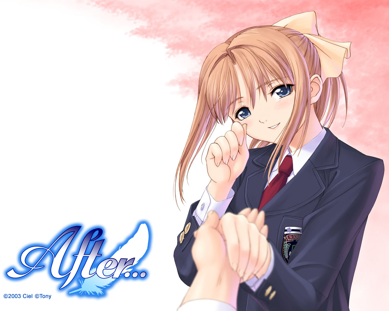 tony taka, shiomiya kanami, after (game), after sweet kiss, 00s, 1girl, blue eyes, brown hair, head tilt, holding hands, necktie, ponytail, pov, school uniform, serafuku, smile, solo focus, tears