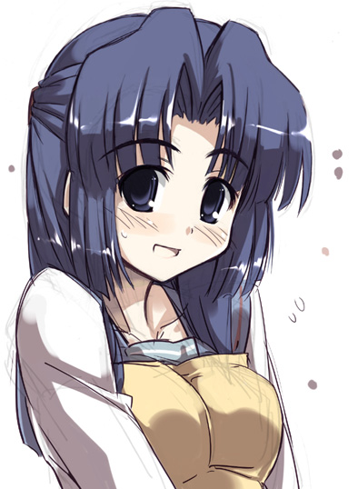 tokyo (great akuta), asakura ryoko, suzumiya haruhi no yuuutsu, 00s, 1girl, :d, apron, blush, breasts, collarbone, female focus, flying sweatdrops, half updo, long hair, long sleeves, looking at viewer, medium breasts, open mouth, parted bangs, purple eyes, purple hair, simple background, smile, solo, upper body, white background
