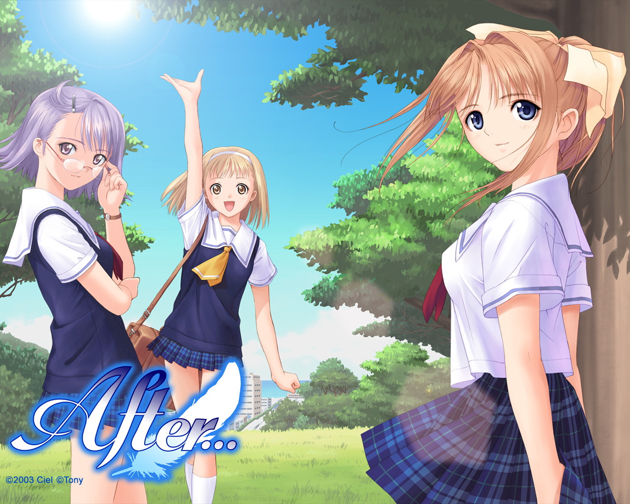 tony taka, kishi youko, shiomiya kanami, takawashi nagisa, after (game), after sweet kiss, 00s, 3girls, :d, arm up, black dress, blue eyes, day, dress, looking at viewer, multiple girls, necktie, open mouth, orange hair, plant, puffy short sleeves, puffy sleeves, red necktie, school uniform, serafuku, short hair, short sleeves, smile, standing, sun, sunlight, tree, waving