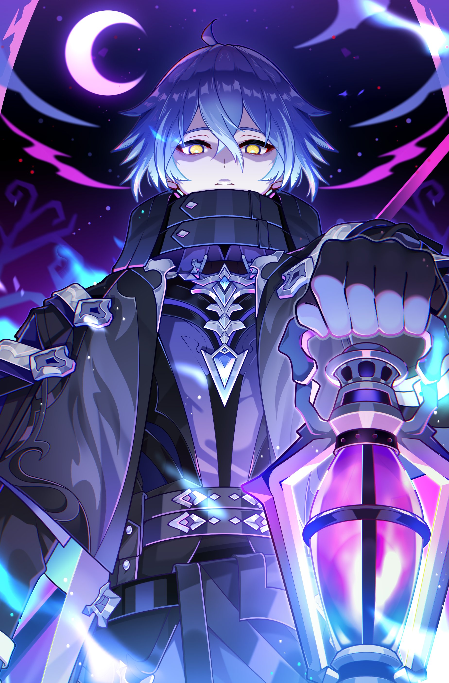 m-1ng, flins (genshin impact), genshin impact, absurdres, bilingual commentary, commentary request, highres, mixed-language commentary, 1boy, arm up, belt, black belt, black coat, black gloves, coat, collared coat, cowboy shot, crescent moon, crossed bangs, double-parted bangs, empty eyes, gloves, hair between eyes, high collar, holding, holding lantern, lantern, looking at viewer, male focus, moon, open clothes, open coat, parted lips, shirt, sky, solo, star (sky), starry sky, teeth, yellow eyes