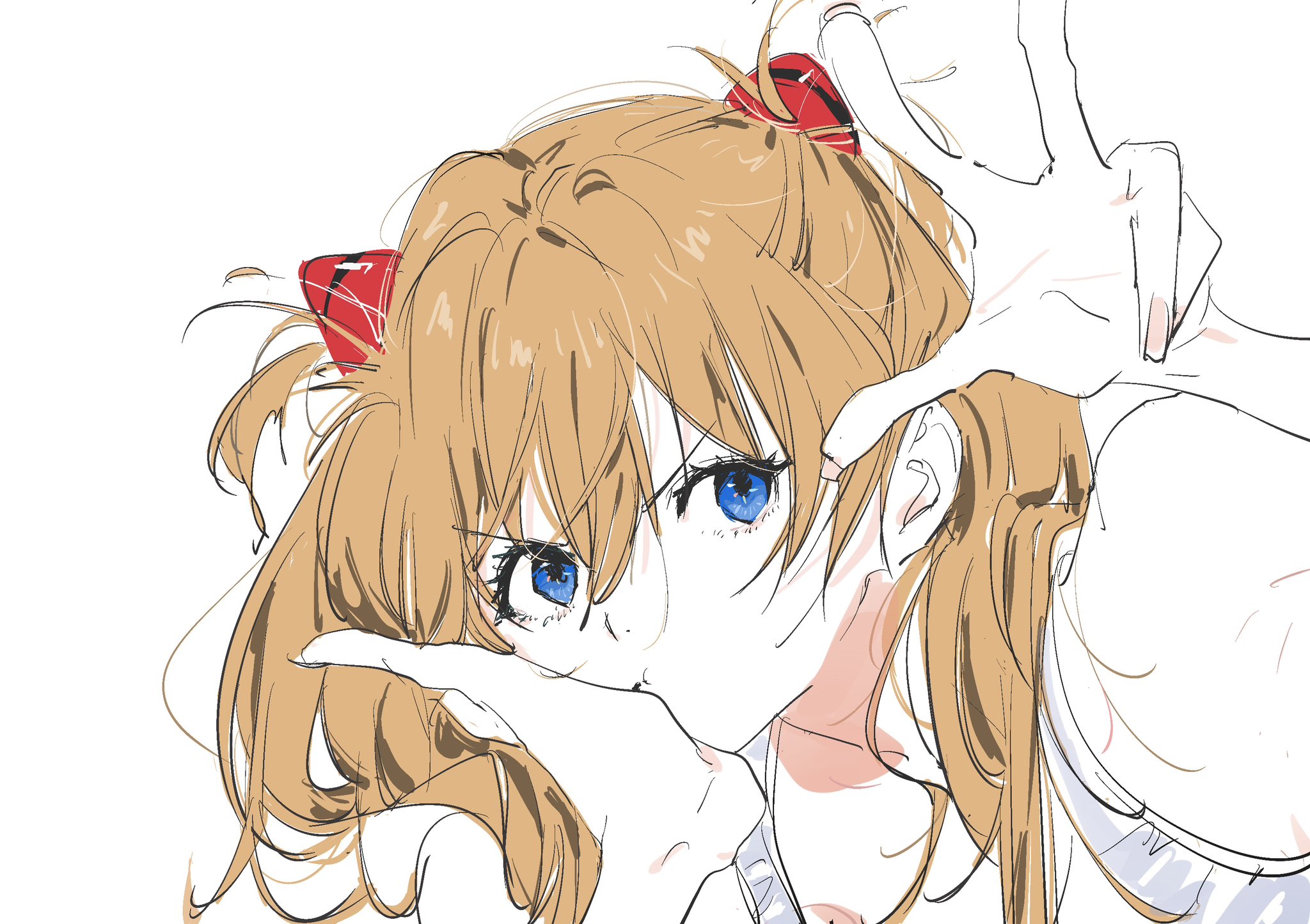 needbee r, souryuu asuka langley, neon genesis evangelion, commentary, highres, 1girl, blue eyes, hair between eyes, head rest, interface headset (evangelion), long hair, orange hair, simple background, solo, tank top, upper body, white background