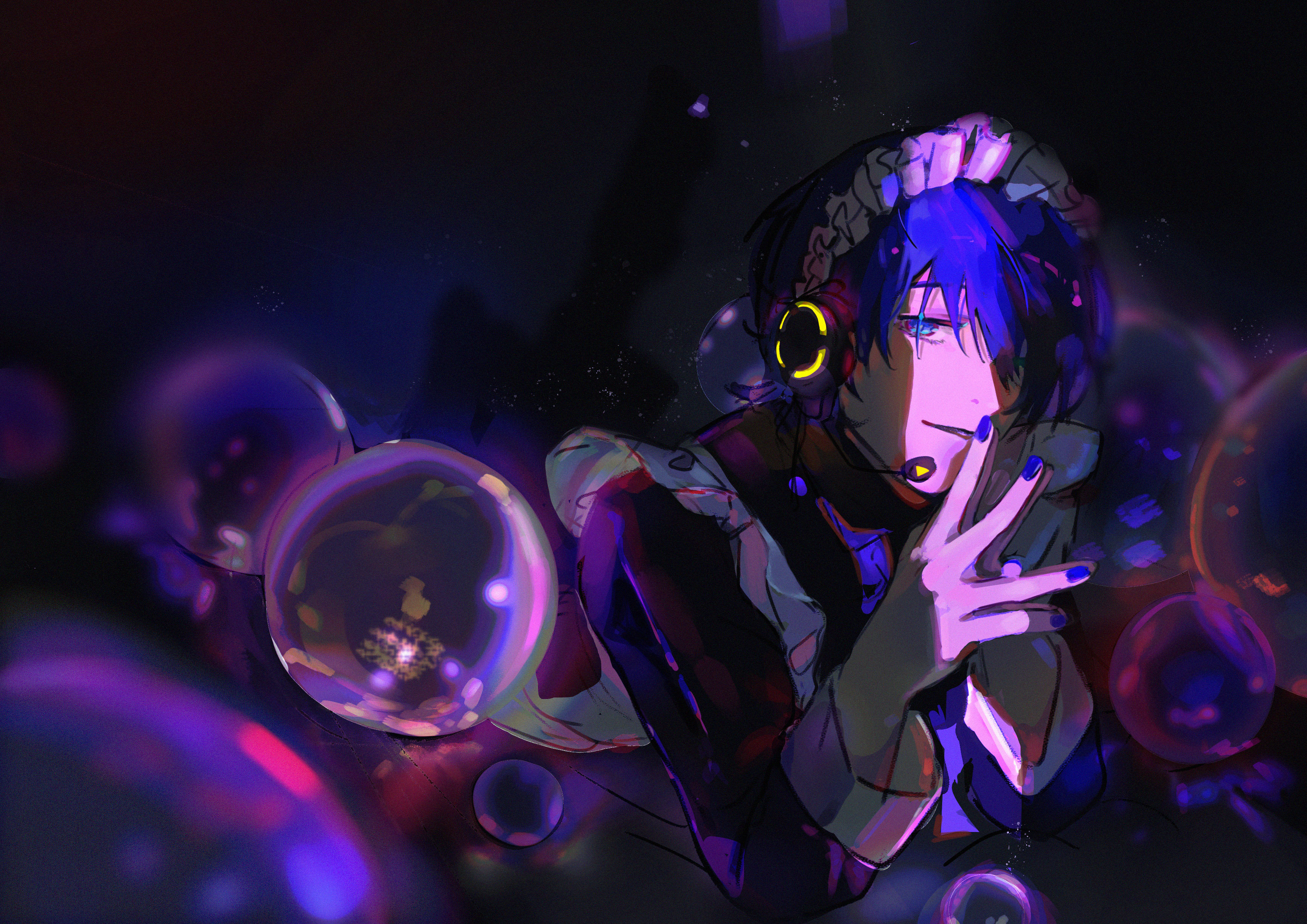 kaito (vocaloid), vocaloid, absurdres, commentary, english commentary, highres, 1boy, alternate costume, apron, black dress, blue eyes, blue hair, blue nails, blurry, blurry background, bubble, dress, enmaided, headset, idecoco, light particles, looking at viewer, lying, maid, maid apron, maid headdress, male focus, on stomach, short hair, smile, solo, steepled fingers, white apron