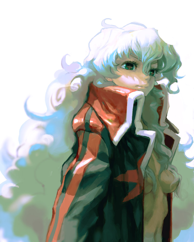 jnt, kawaguchi youhei, nia teppelin, tengen toppa gurren lagann, 00s, 1girl, aged up, borrowed clothes, coat, female focus, green eyes, jacket, long hair, naked coat, solo, white hair