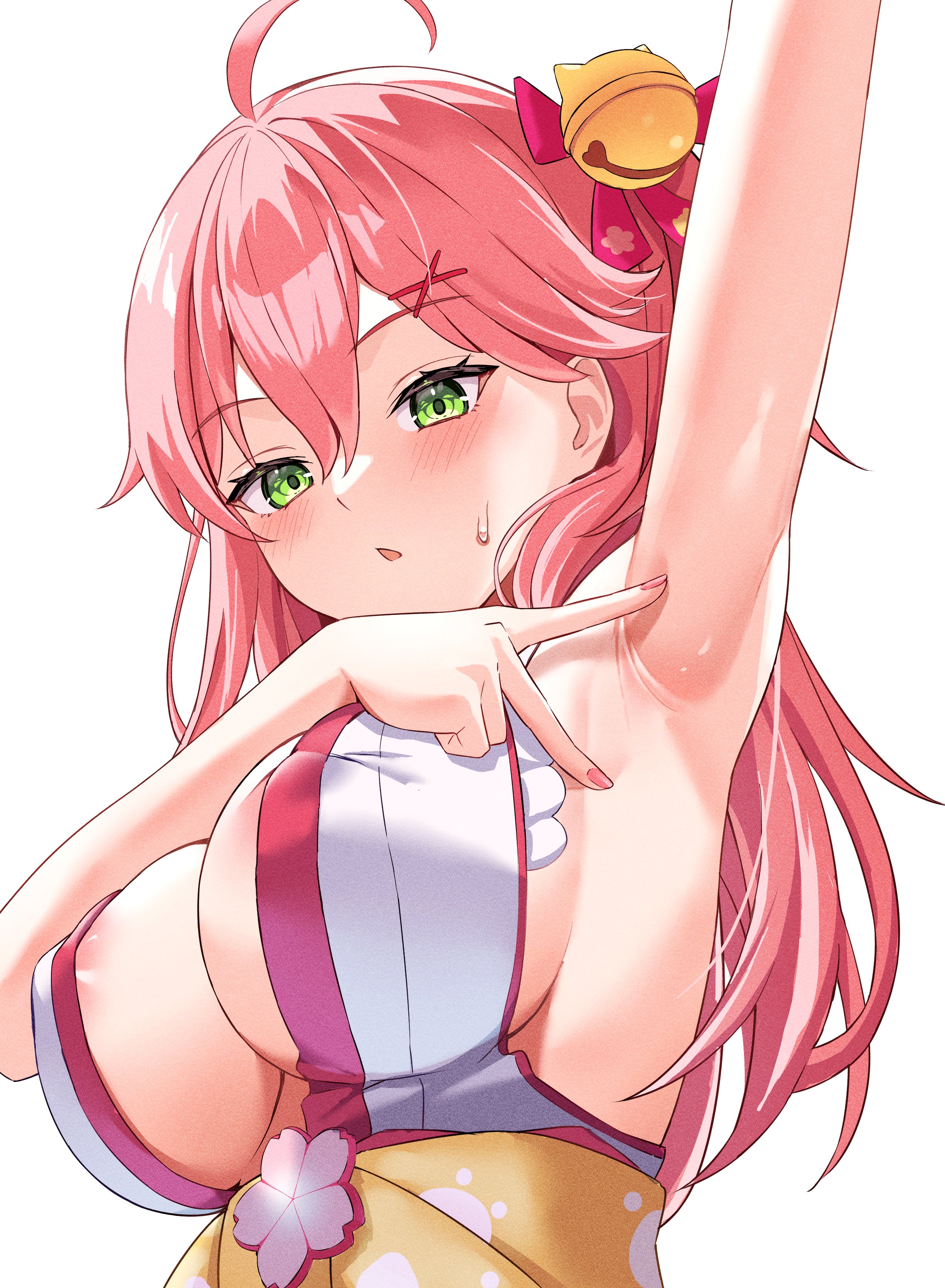 sakura miko, sakura miko (1st costume), hololive, absurdres, bad id, bad twitter id, commentary, highres, 1girl, ahoge, areola slip, armpits, bare shoulders, bell, blush, breasts, cima (shiima), cleavage, covered erect nipples, green eyes, hair bell, hair between eyes, hair ornament, hair ribbon, hairclip, jingle bell, large breasts, long hair, open mouth, paw print, pink hair, pink ribbon, ribbon, sash, shirt, sideboob, simple background, solo, sweatdrop, v, virtual youtuber, white background, white shirt, yellow sash