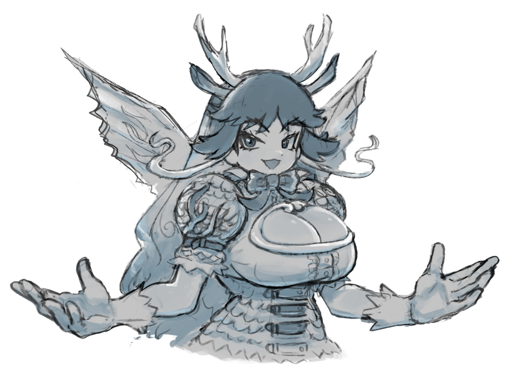 hatch (hatch box), kirin (kemono friends), kemono friends, kemono friends 3, 1girl, animal ears, black hair, bow, bowtie, breasts, cleavage, clothing cutout, dress, extra ears, giraffe ears, giraffe girl, giraffe horns, gloves, greyscale, horns, large breasts, long hair, looking at viewer, monochrome, multicolored hair, scale print, smile, solo, white hair, wings