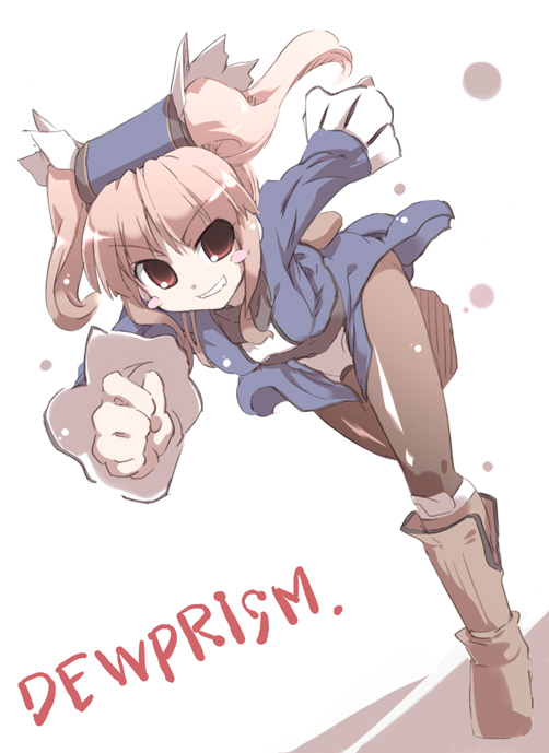 tokyo (great akuta), mint (dewprism), dewprism, 1girl, blunt bangs, boots, brown pantyhose, clenched teeth, female focus, frilled sleeves, frills, full body, knee boots, long sleeves, looking at viewer, pantyhose, parted lips, red eyes, running, simple background, solo, teeth, white background