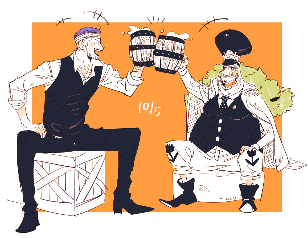 chanko neru, iceburg, kokoro (one piece), one piece, commentary request, +++, 1boy, 1girl, ^ ^, bandaged head, bandages, beard, blush, boots, closed eyes, cup, dated, facial hair, green hair, hat, holding, holding cup, necktie, purple hair, round teeth, sitting, smile, teeth, twintails, vest