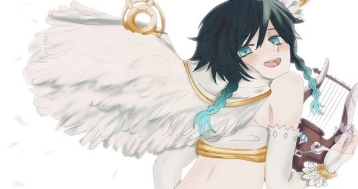 aiokosaio, venti (archon) (genshin impact), venti (genshin impact), genshin impact, angel, angel wings, blue eyes, blue hair, feathered wings, trap, wings