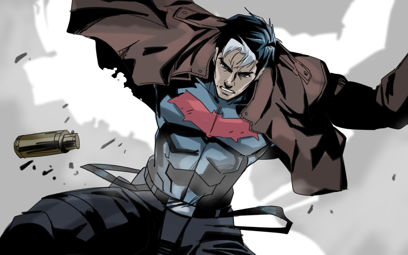 jason todd, red hood (dc), batman (series), dc comics, highres, 1boy, bat signal, batman symbol, beombeokku84779, black bodysuit, black hair, blue eyes, bodysuit, brown jacket, grey bodysuit, jacket, male focus, muscular, muscular male, open clothes, pants, red hood and the outlaws, short hair, superhero costume, taut bodysuit, two-tone bodysuit