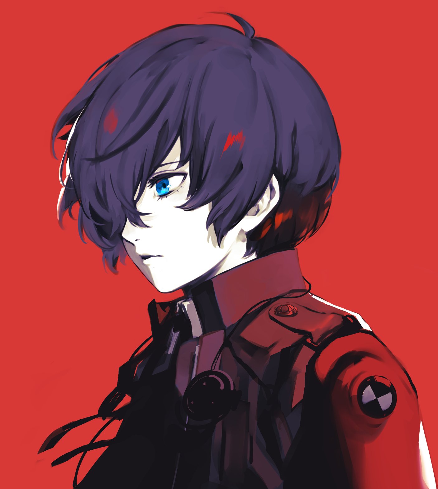 lor (roasyerizyonirapi), yuuki makoto (persona 3), persona, persona 3, highres, 1boy, black jacket, blue eyes, collared jacket, eyelashes, from side, gekkoukan high school uniform, hair behind ear, hair over one eye, headphones, headphones around neck, jacket, male focus, neck ribbon, one eye covered, parted lips, popped collar, profile, red background, ribbon, school emblem, school uniform, short hair, solo, upper body