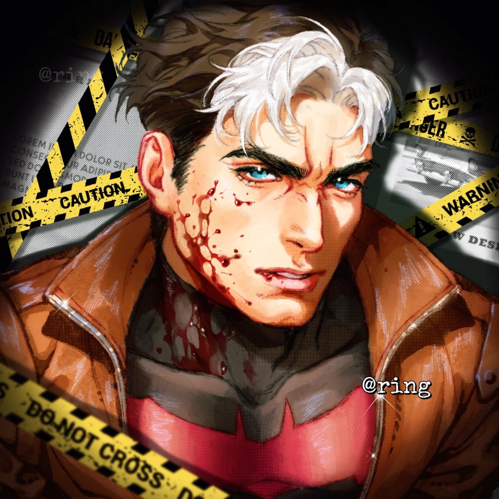 sariko011112, jason todd, batman (series), dc comics, 1boy, bat signal, batman symbol, black bodysuit, black hair, blood, blood on face, blue eyes, bodysuit, brown jacket, grey bodysuit, jacket, male focus, multicolored hair, muscular, muscular male, open clothes, red hood and the outlaws, short hair, superhero costume, taut bodysuit, two-tone bodysuit, two-tone hair