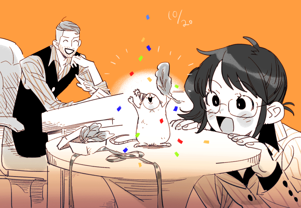 chanko neru, iceburg, tyrannosaurus (one piece), one piece, commentary request, 1boy, 1girl, beard, blush, confetti, dated, facial hair, food, glasses, greyscale with colored background, hamster, hat, holding, holding quill, iceburg's secretary, quill, shirt, side ponytail, sidelocks, sitting, striped clothes, striped shirt, undercut, vertical-striped clothes, vertical-striped shirt, vest