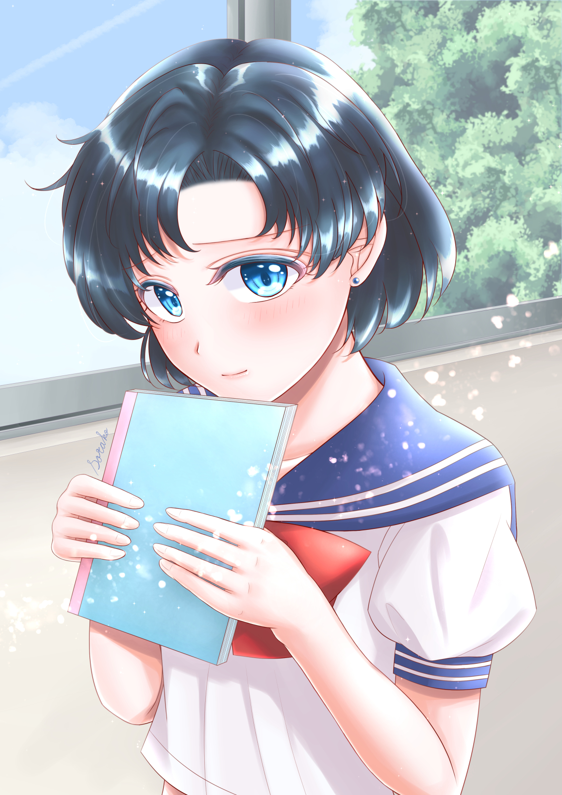 bluechocomint, mizuno ami, bishoujo senshi sailor moon, highres, blue eyes, blue hair, blue sailor collar, book, bow, earrings, jewelry, juuban middle school uniform, lips, looking at viewer, midriff peek, red bow, sailor collar, school uniform, serafuku, short hair, stud earrings