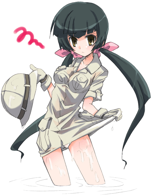 hizuki yayoi, wang liu mei, gundam, gundam 00, 00s, 1girl, bow, female focus, hair bow, hat, jacket, pink bow, safari jacket, solo, transparent background, twintails, wet, wet clothes