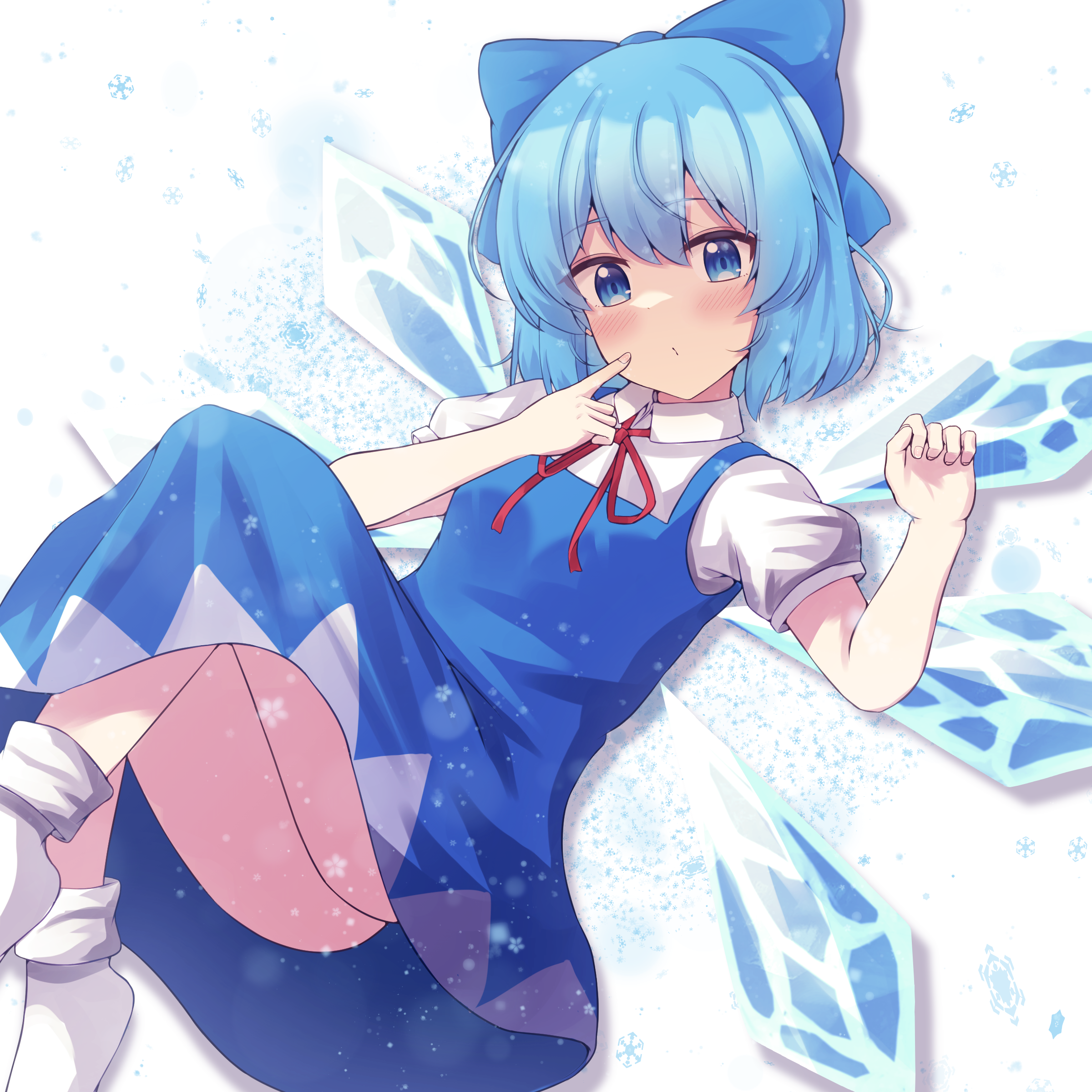 kominato haru, cirno, touhou, absurdres, commentary request, highres, 1girl, blue bow, blue dress, blue eyes, blue hair, blush, bow, cirno day, collared shirt, detached wings, dress, from above, ice, ice wings, lying, medium hair, on back, pointing, pointing at self, pursed lips, red ribbon, ribbon, shirt, snowflakes, socks, solo, thighs, upskirt, white background, white shirt, white socks, wings