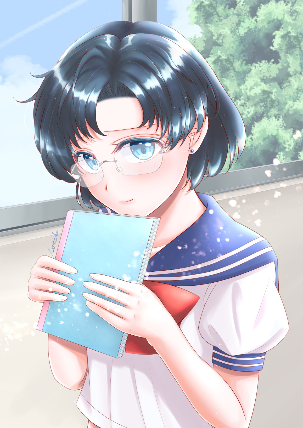 bluechocomint, mizuno ami, bishoujo senshi sailor moon, highres, blue eyes, blue hair, blue sailor collar, book, bow, earrings, glasses, jewelry, juuban middle school uniform, lips, looking at viewer, midriff peek, red bow, sailor collar, school uniform, serafuku, short hair, stud earrings