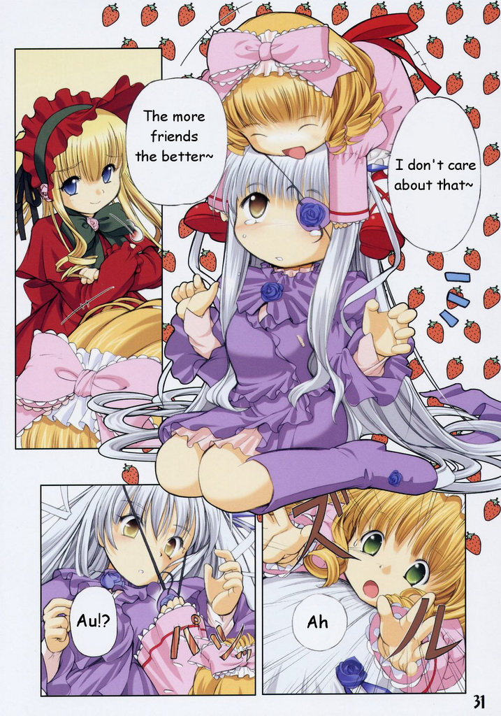 barasuishou, hinaichigo, shinku, rozen maiden, hard-translated, third-party edit, 00s, 3girls, blonde hair, blue eyes, bow, comic, dress, eyepatch, green eyes, grey hair, hug, multiple girls, pink bow, smile, tears, text focus, yellow eyes