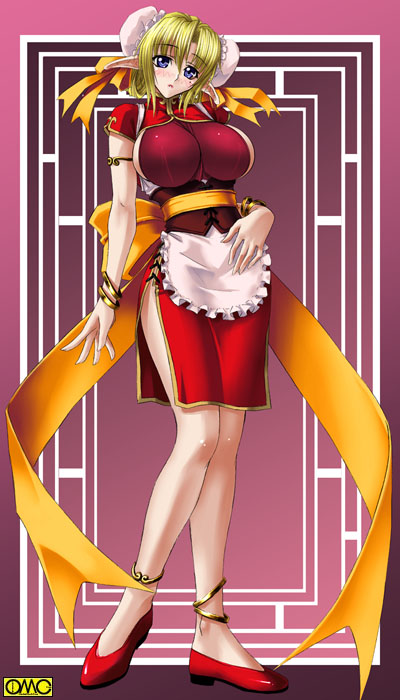 kagami hirotaka, omc, est estoria, asura fantasy online, 1girl, anklet, apron, armlet, blonde hair, blue eyes, blush, bow, bracelet, breasts, bun cover, china dress, chinese clothes, corset, double bun, dress, elf, embarrassed, female focus, fingernails, flats, frills, full body, gradient background, hair between eyes, hair bun, hair up, head tilt, high heels, huge breasts, impossible clothes, impossible dress, jewelry, large breasts, long fingernails, long pointy ears, looking at viewer, maid, maid apron, mole, mole under eye, no bra, open mouth, parted bangs, pink background, pointy ears, ribbon, sash, shoes, short dress, short hair, side slit, sideboob, solo, standing, tiptoes, turtleneck, waist apron, watermark