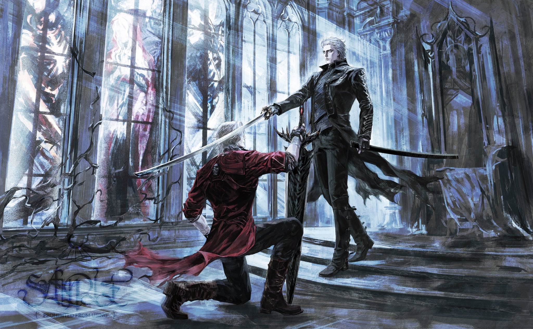 dante (devil may cry), vergil (devil may cry), devil may cry (series), devil may cry 5, highres, 2boys, black gloves, blue coat, blue eyes, brothers, closed mouth, coat, devil sword dante, fingerless gloves, gloves, hair slicked back, holding, holding sword, holding weapon, hong 990, katana, male focus, multiple boys, short hair, siblings, sword, twins, weapon, white hair, yamato (sword)