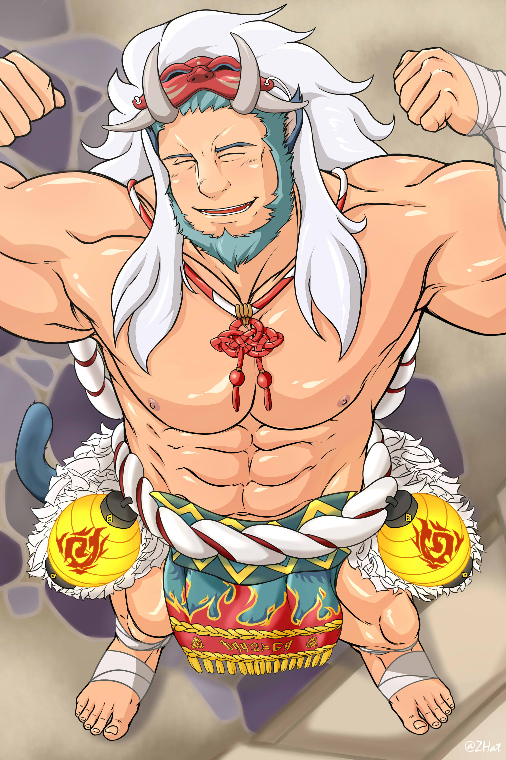 zhat art, mordecai (fire emblem), mordecai (flame) (fire emblem), fire emblem, fire emblem: radiant dawn, fire emblem heroes, nintendo, absurdres, commentary, english commentary, highres, 1boy, abs, bandages, bara, barefoot, beard, blue hair, closed eyes, double biceps pose, facial hair, flexing, from above, large pectorals, male focus, mask, mask on head, muscular, muscular male, nipples, official alternate costume, pectorals, short hair, smile, solo, tail