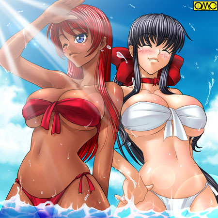 kagami hirotaka, omc, tiy mitanni, yamata tomomi, asura fantasy online, original, looking away, lowres, 2girls, ^ ^, arm behind back, arm up, beach, bikini, black hair, blue eyes, blush, bow, breasts, choker, cleavage, closed eyes, cloud, curvy, dark-skinned female, dark skin, day, fang, fantasy, front-tie top, groin, hair between eyes, hair bow, hair ribbon, hand on own hip, hip focus, huge breasts, large breasts, lens flare, light rays, long hair, midriff, multiple girls, navel, one eye closed, outdoors, pinky out, ponytail, red hair, ribbon, shading eyes, shiny skin, side-tie bikini bottom, sidelocks, sky, smile, splashing, standing, string bikini, sunbeam, sunlight, swimsuit, thighs, underboob, upper body, very long hair, wading, water, watermark, wet, wink