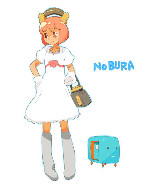 ryo chimo, 1girl, beret, boots, dress, female focus, full body, grey boots, hat, knee boots, looking to the side, orange hair, puffy short sleeves, puffy sleeves, red eyes, short hair, short sleeves, simple background, solo, standing, white background, white dress