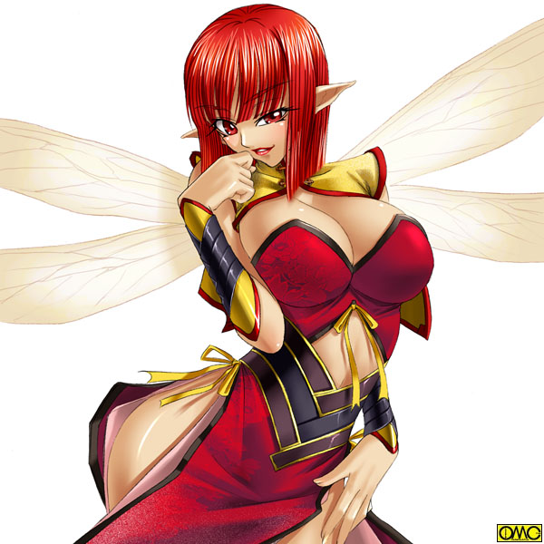 kagami hirotaka, omc, huang yahu, asura fantasy online, original, hand on thigh, 1girl, armor, blunt bangs, blush, bob cut, bow, bracer, breast press, breasts, center opening, china dress, chinese clothes, cleavage, clenched hand, detached sleeves, dress, eyelashes, fairy, fantasy, female focus, fingernails, floral print, grin, hair between eyes, hand to own mouth, huge breasts, insect wings, large breasts, leaning, lipstick, long fingernails, looking at viewer, makeup, midriff, multiple wings, naughty face, no panties, pointy ears, red eyes, red hair, ribbon, short hair, side slit, sideboob, simple background, smile, solo, squinting, turtleneck, watermark, white background, wings