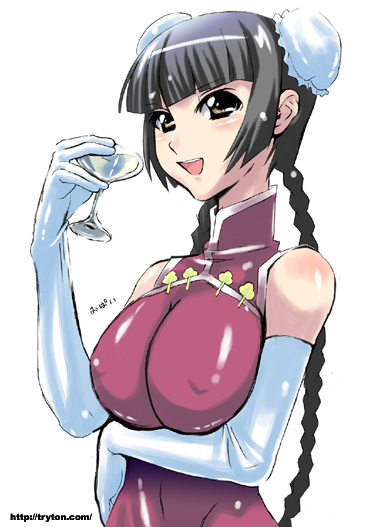 yasutomo, wang liu mei, gundam, gundam 00, 00s, 1girl, breasts, bun cover, china dress, chinese clothes, dress, elbow gloves, female focus, gloves, large breasts, solo