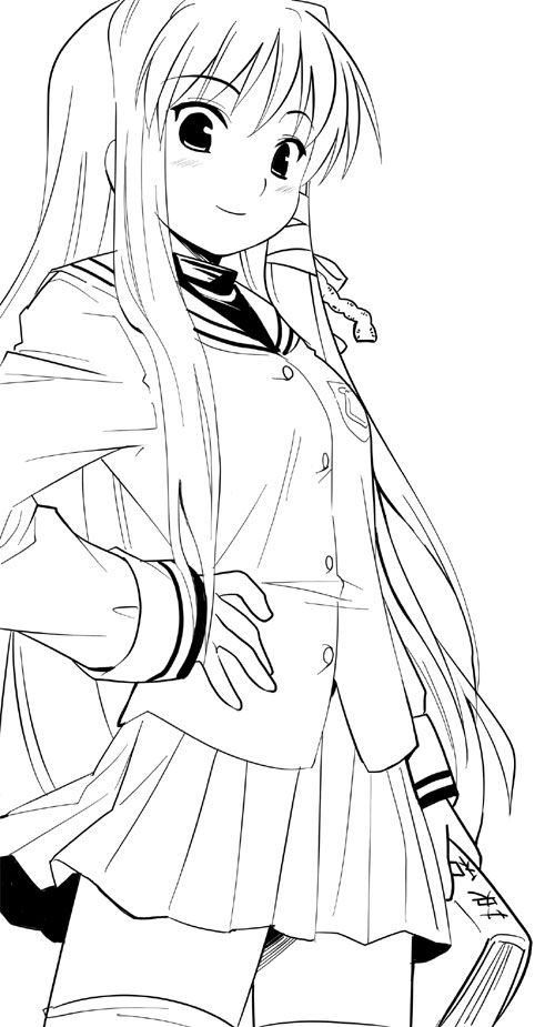sakumo, sakumo (karatama), fujibayashi kyou, clannad, 00s, 1girl, female focus, greyscale, hand on own hip, monochrome, school uniform, serafuku, skirt, smile, solo, thighhighs