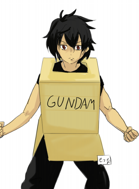 cardboard box gundam, setsuna f. seiei, gundam, gundam 00, translated, 00s, 1boy, box, male focus, short hair, simple background, solo