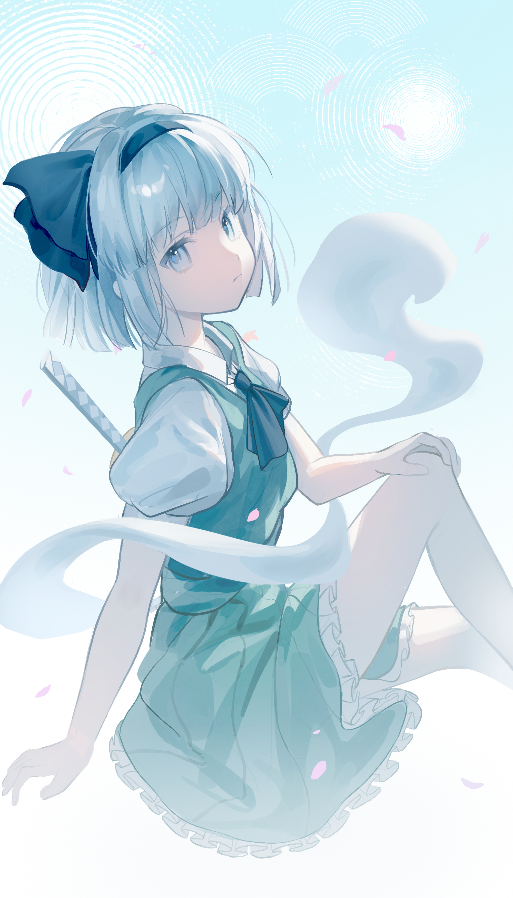 xianyusixu, konpaku youmu, konpaku youmu (ghost), touhou, absurdres, commentary, highres, 1girl, ascot, black ascot, black hairband, black ribbon, blue background, blue eyes, collared shirt, feet out of frame, frilled skirt, frills, from side, green skirt, green vest, grey hair, hair ribbon, hairband, hand on own knee, knee up, light frown, looking at viewer, looking to the side, medium hair, pink petals, pleated skirt, ribbon, ripples, sheath, sheathed, shirt, sitting, skirt, solo, sword, sword on back, vest, weapon, weapon on back, white shirt