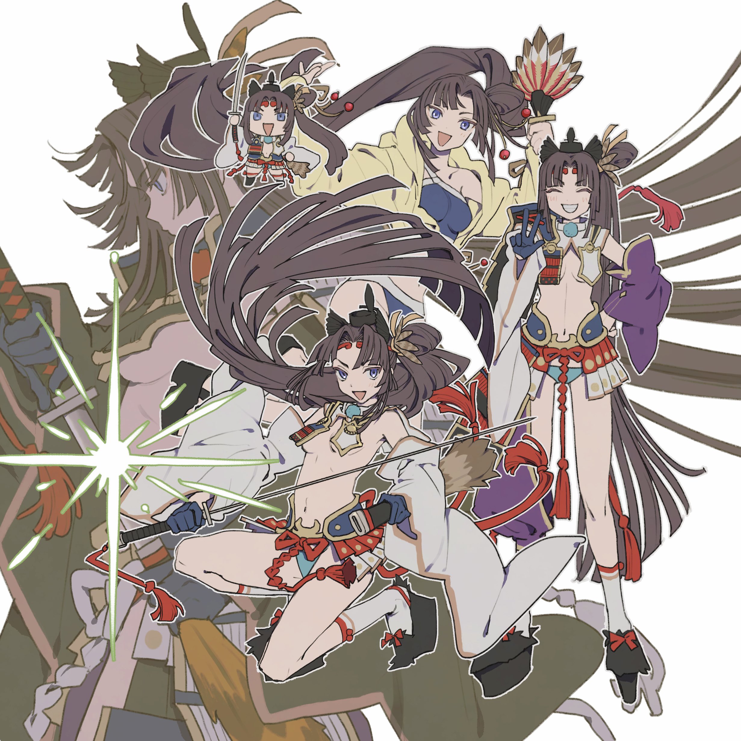 m 12170, ushiwakamaru (fate), ushiwakamaru (second ascension) (fate), ushiwakamaru (swimsuit assassin) (first ascension) (fate), fate/grand order, fate (series), ushiwakamaru (swimsuit assassin) (fate), absurdres, highres, 2girls, bare shoulders, bikini, black hair, blue bikini, blue eyes, breasts, chibi, closed eyes, dual persona, floating hair, full body, grin, hair bun, holding, holding sword, holding weapon, jacket, katana, long hair, looking at viewer, medium breasts, multiple girls, multiple views, navel, open mouth, revealing clothes, side ponytail, single side bun, smile, swimsuit, sword, tail, v, weapon, yellow jacket