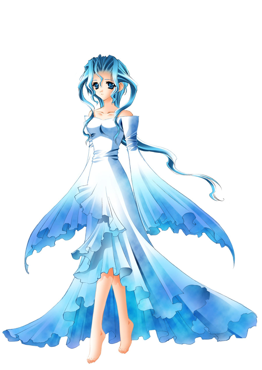 carnelian, seiren (yamibou), yami to boushi to hon no tabibito, highres, 00s, 1girl, bare shoulders, barefoot, blue eyes, blue hair, dress, female focus, full body, long hair, long sleeves, looking at viewer, matching hair/eyes, simple background, solo, standing, wavy hair, white background, wide sleeves