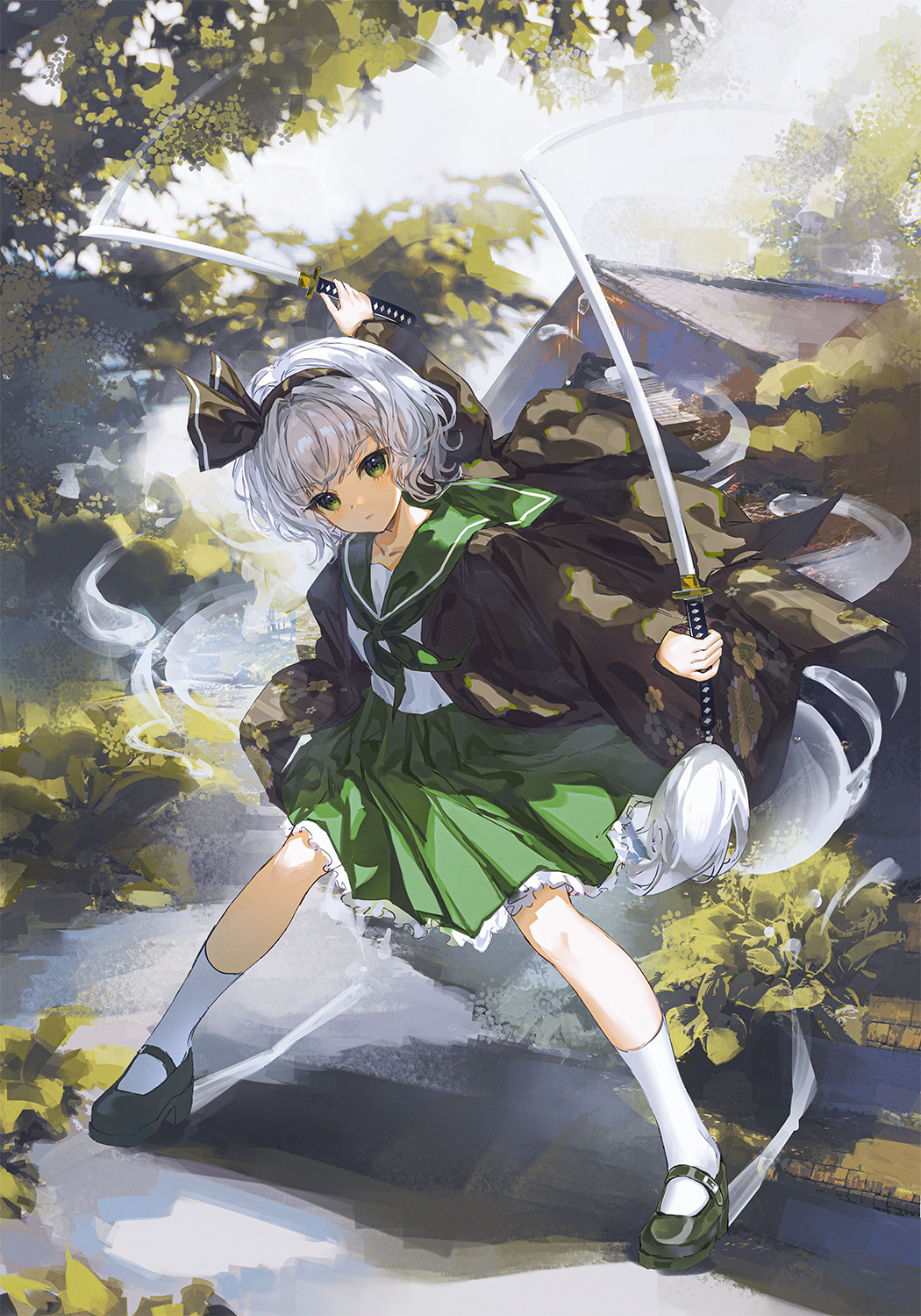 ichitata, konpaku youmu, touhou, chinese commentary, commentary request, highres, 1girl, black hairband, black jacket, black ribbon, black shoes, building, collar, collarbone, floral print jacket, foliage, frilled skirt, frills, green collar, green eyes, green neckerchief, green skirt, grey hair, hair ribbon, hairband, holding, holding sword, holding weapon, jacket, katana, knees, looking at viewer, mary janes, neckerchief, outdoors, pleated skirt, ribbon, school uniform, serafuku, shirt, shoes, short hair, skirt, socks, solo, sword, sword tassel, tassel, weapon, white shirt, white socks