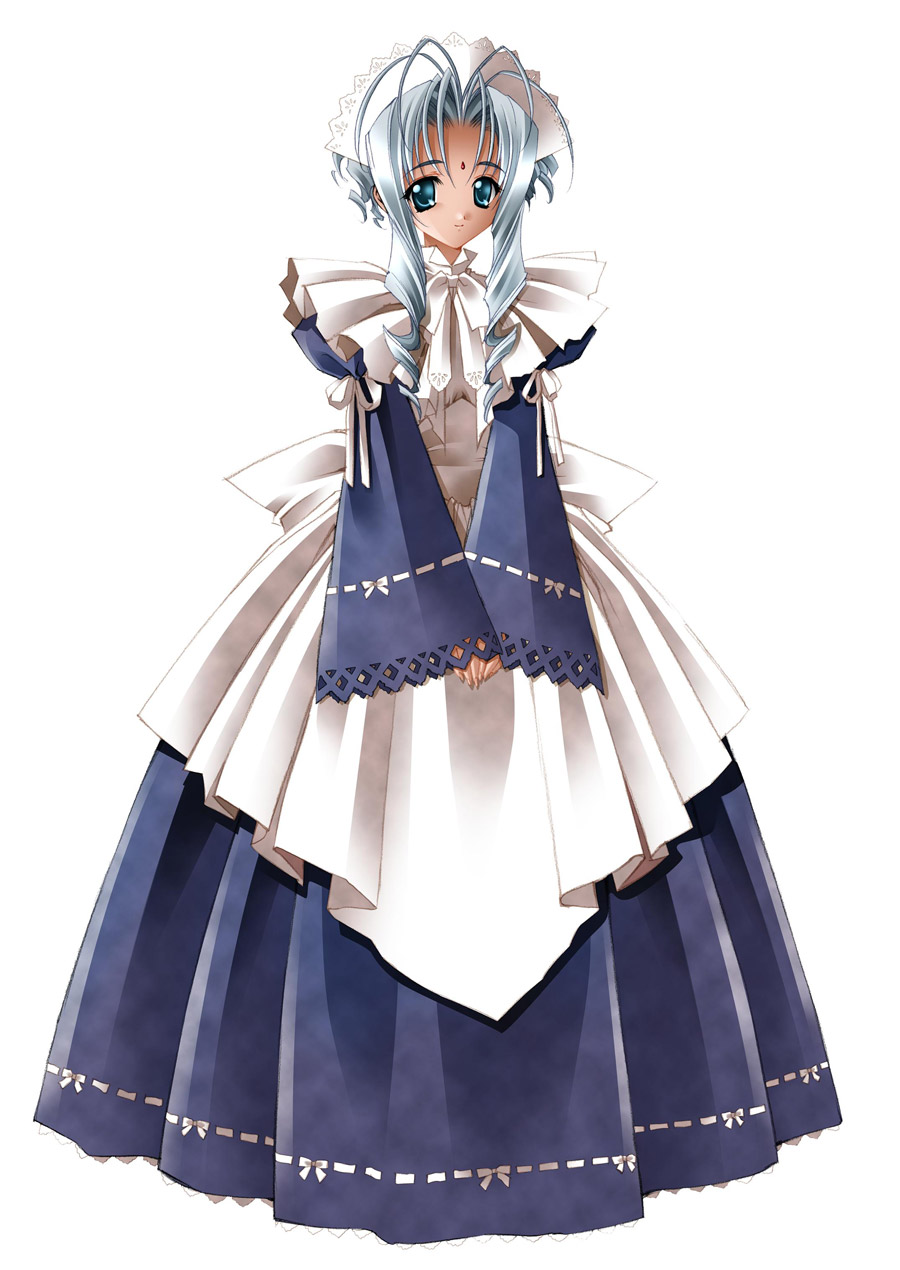 carnelian, mariel (yamibou), yami to boushi to hon no tabibito, highres, 00s, 1girl, antenna hair, apron, blue dress, blue eyes, blue hair, closed mouth, dark-skinned female, dark skin, dress, drill hair, female focus, forehead jewel, full body, headdress, juliet sleeves, long hair, long sleeves, looking at viewer, maid, parted bangs, puffy sleeves, ribbon, ribbon-trimmed sleeves, ribbon trim, simple background, sleeves past wrists, smile, solo, standing, tareme, twin drills, v arms, white apron, white background, white ribbon, wide sleeves