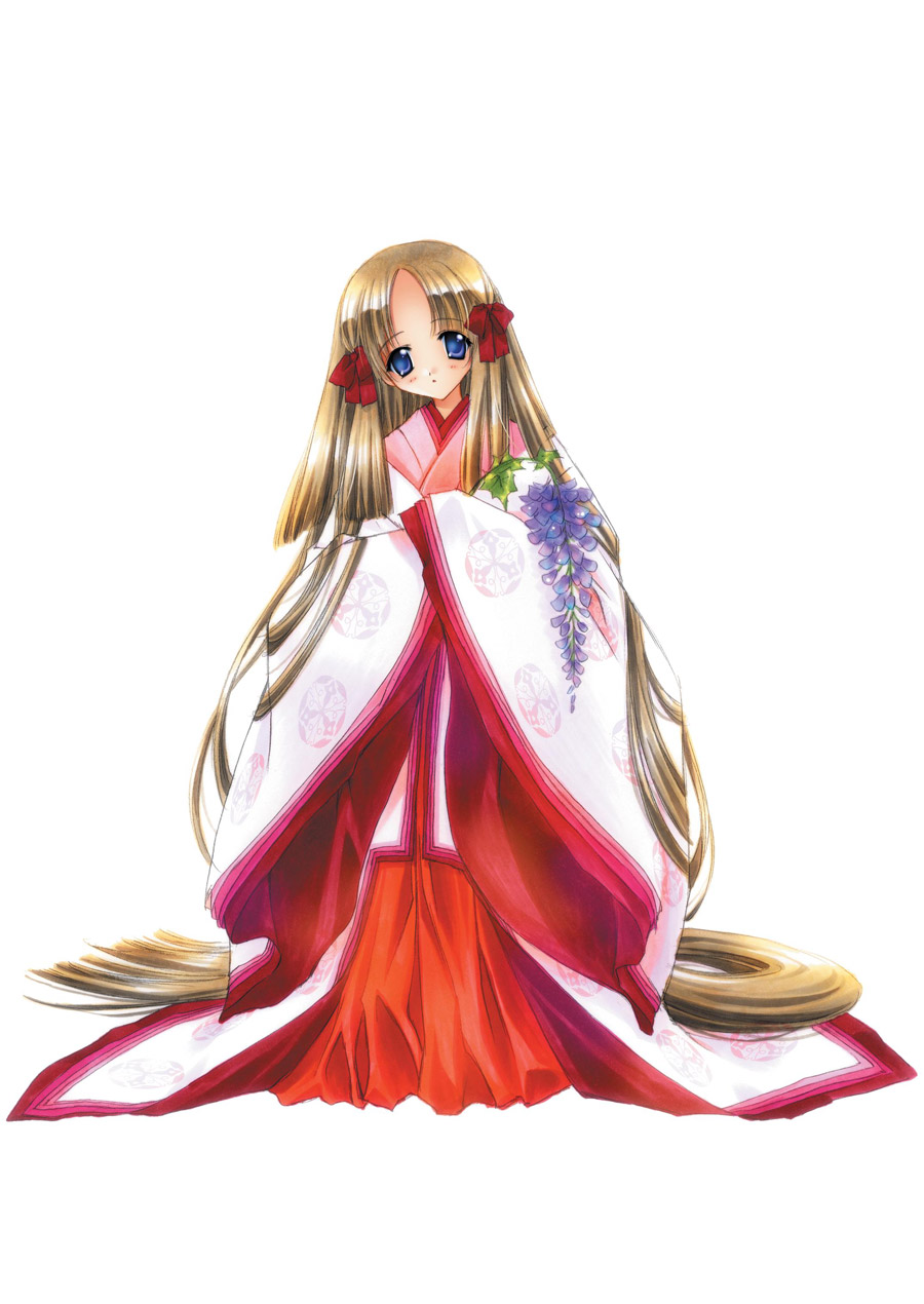 carnelian, azuma hatsumi, fujihime, yami to boushi to hon no tabibito, artbook, highres, official art, 00s, 1girl, absurdly long hair, blue eyes, bow, brown hair, female focus, flower, full body, hair bow, japanese clothes, kimono, layered clothes, layered kimono, long hair, looking at viewer, low-tied long hair, simple background, solo, standing, very long hair, white background, wide sleeves, wisteria