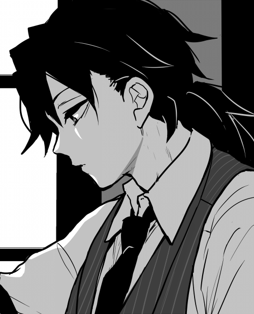 sinba (ying-hua), tomioka giyuu, kimetsu no yaiba, 1boy, arm belt, black necktie, close-up, closed mouth, collared shirt, grey vest, hair between eyes, indoors, long hair, low ponytail, male focus, necktie, ponytail, profile, shirt, solo, spiked hair, upper body, vest, white shirt, window