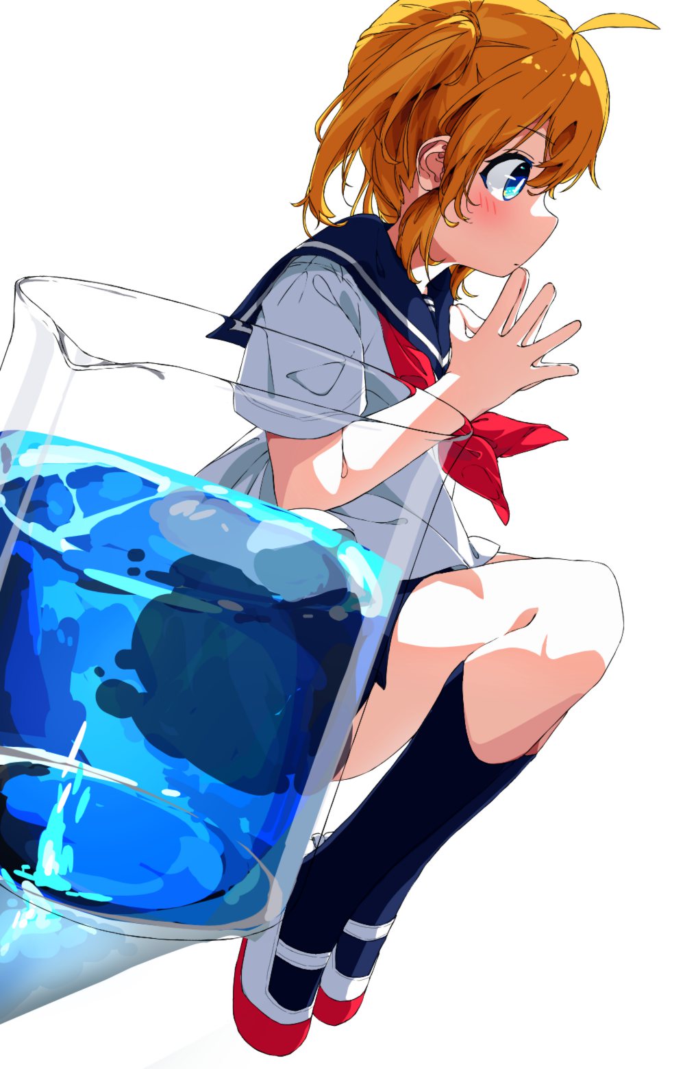 original, highres, 1girl, beaker, black socks, blue eyes, from side, hands up, kannpoyu, kneehighs, miniskirt, neckerchief, orange hair, own hands together, profile, red neckerchief, sailor collar, school uniform, serafuku, shirt, shoes, short sleeves, skirt, socks, solo, steepled fingers, twintails, uwabaki, white background, white shirt