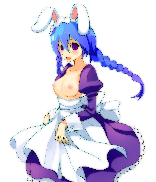 bunny maid, trickster (ntreev soft), nude filter, third-party edit, 10s, 1girl, animal ears, blue hair, braid, breasts, breasts out, dress, female focus, maid, nipples, purple eyes, rabbit ears, small breasts, solo, topless female, twin braids