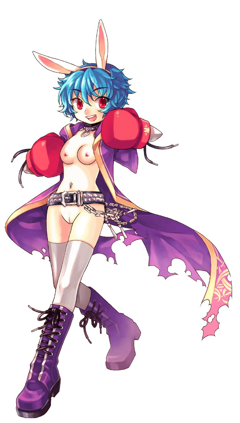 bunny (trickster), trickster (ntreev soft), highres, nude filter, third-party edit, 10s, 1girl, animal ears, belt, blue hair, boots, boxing gloves, breasts, chain, collar, female focus, nipples, nude, pussy, rabbit ears, red eyes, short hair, small breasts, solo, thighhighs, uncensored