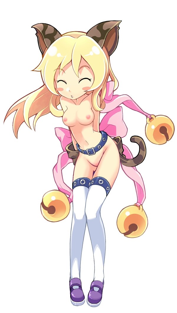 cat (trickster), trickster (ntreev soft), nude filter, third-party edit, 10s, 1girl, animal ears, blonde hair, blush, breasts, cat ears, cat tail, closed eyes, female focus, leaning forward, long hair, nipples, nude, small breasts, solo, tail, thighhighs, white thighhighs