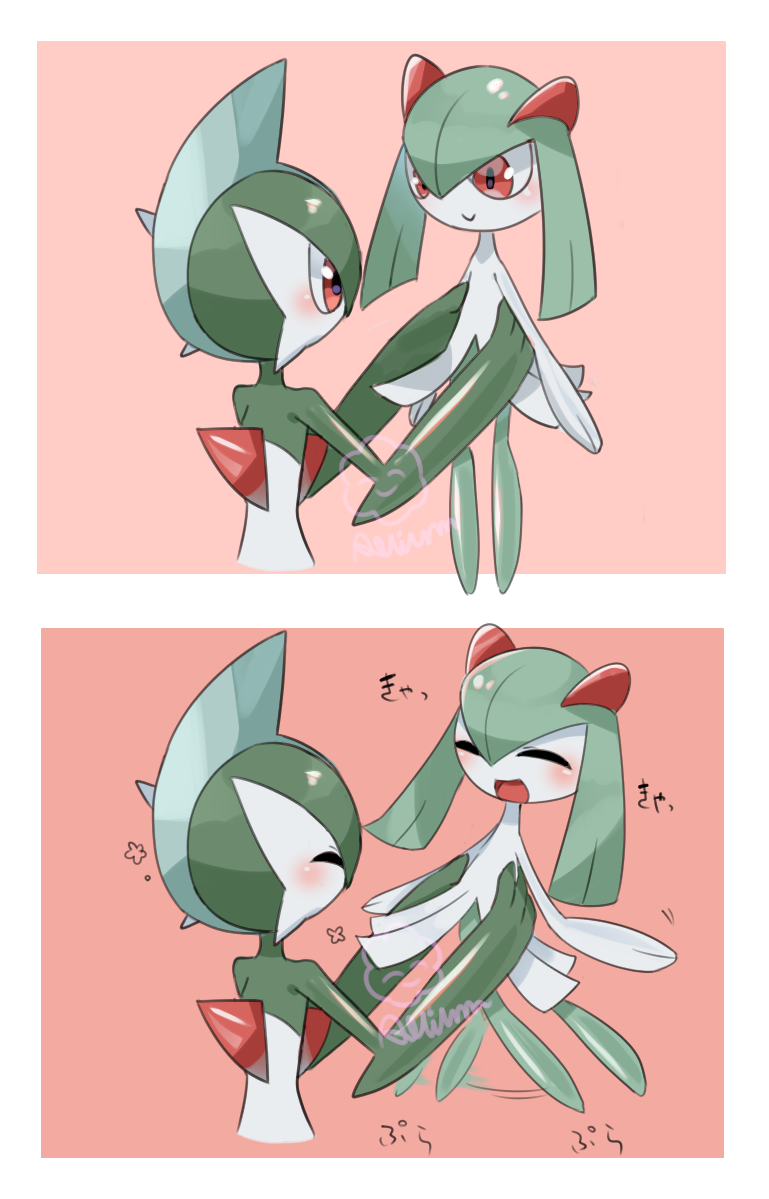 ariumu, gallade, kirlia, nintendo, pokemon, commentary request, artist name, blush, closed eyes, colored skin, gen 3 pokemon, gen 4 pokemon, green skin, horns, multicolored skin, pink background, pink eyes, pokemon (creature), sidelocks, simple background, smile, two-tone skin, watermark, white skin