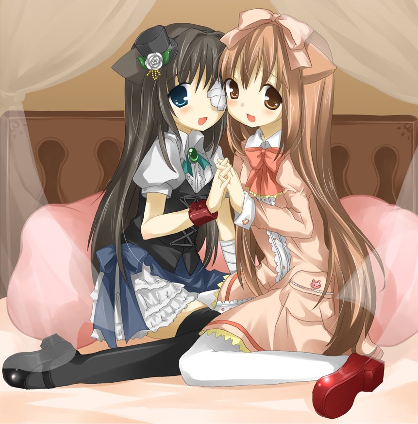 shiratama, shiratama yomogi, 2girls, animal ears, cat ears, eyepatch, multiple girls, thighhighs
