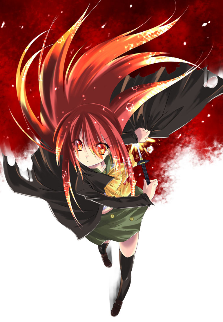 shinozuka atsuto, alastor (shakugan no shana), shana, shakugan no shana, 00s, 1girl, female focus, jewelry, pendant, red hair, school uniform, serafuku, solo, sword, weapon