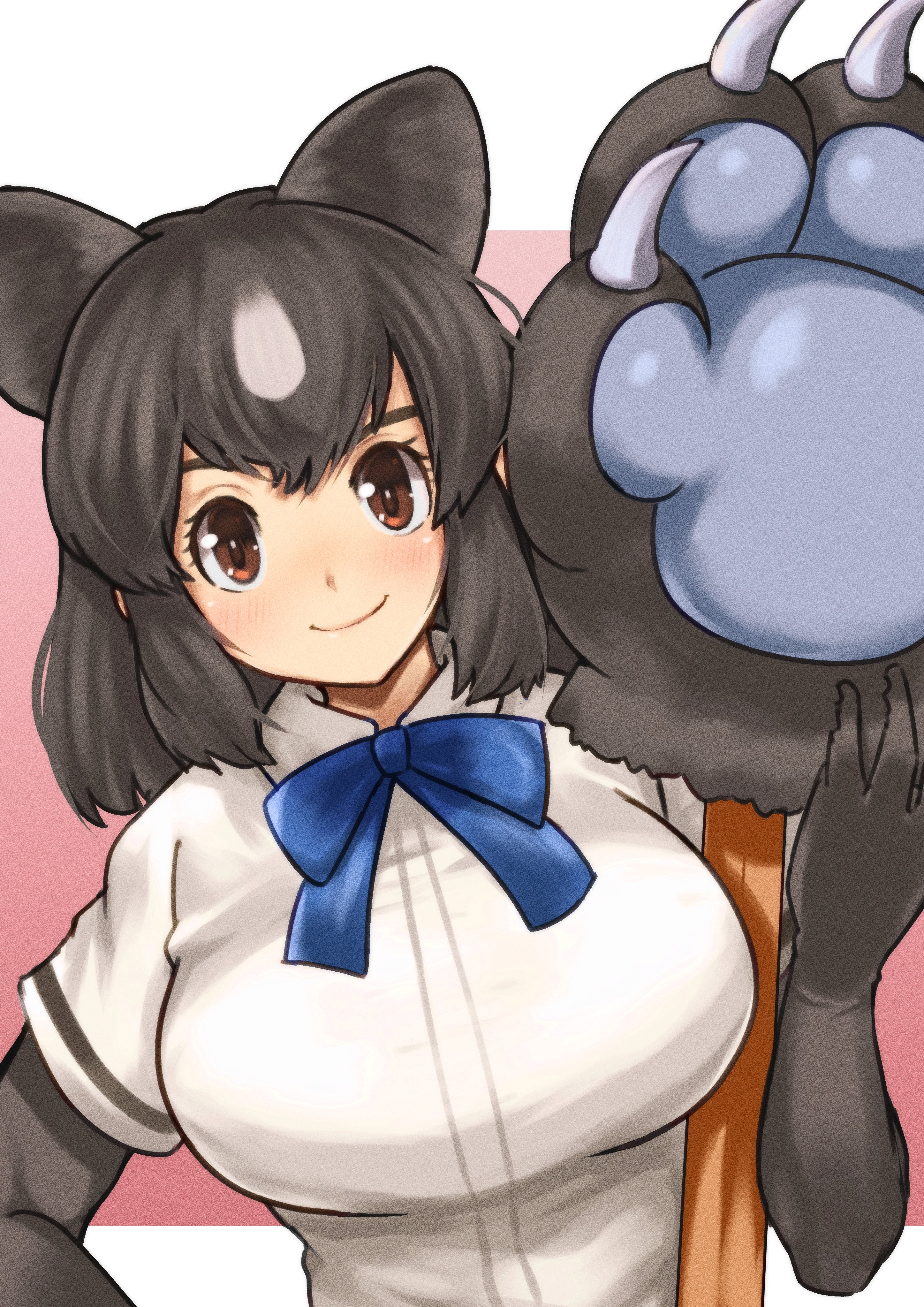hatch (hatch box), brown bear (kemono friends), kemono friends, absurdres, highres, 1girl, animal ears, bear ears, bear girl, blush, bow, bowtie, breasts, elbow gloves, gloves, large breasts, looking at viewer, multicolored hair, paw stick, shirt, short hair, short sleeves, smile, solo
