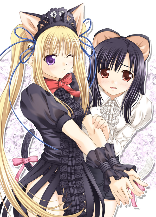 igul, nyarlathotep, seonja, lost angels story, 2girls, animal ears, bdsm, bell, black hair, blonde hair, blush, bondage, bound, bound wrists, brown eyes, cat ears, cat tail, fake animal ears, long hair, multiple girls, purple eyes, ribbon, standing, tail, twintails, wink