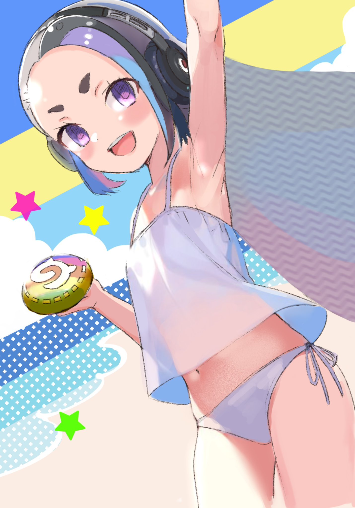 ieinu account, kemono friends, highres, 1girl, armpits, bare arms, bare shoulders, cowboy shot, flat chest, looking at viewer, midriff, multicolored hair, navel, open mouth, panties, purple eyes, short hair, solo, spaghetti strap, stomach, thighs, underwear, white panties