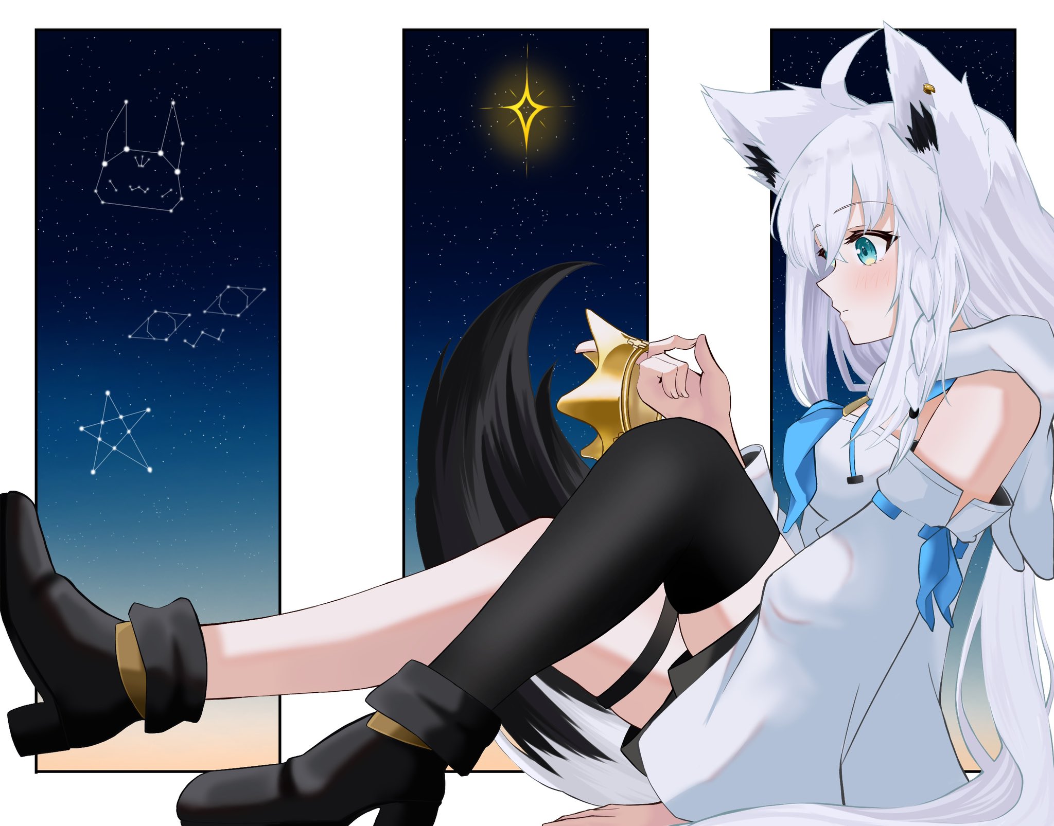 shirakami fubuki, shirakami fubuki (1st costume), hololive, highres, 1girl, ahoge, animal ear fluff, animal ear piercing, animal ears, asymmetrical legwear, black boots, black shorts, black thighhighs, blue bow, blue neckerchief, boots, bow, braid, braided sidelock, constellation, crossed bangs, crown, detached sleeves, double-parted bangs, ear piercing, facing away, foot against wall, fox ears, fox girl, fox tail, full body, gradient background, gradient sky, green eyes, hair between eyes, hato san33, holding, holding crown, hood, hoodie, light blush, long hair, long sidelocks, looking at object, multicolored tail, neckerchief, night, night sky, off shoulder, paneled background, piercing, profile, shorts, sidelocks, single braid, single thighhigh, sitting, sky, solo, star (sky), star (symbol), starry sky, starry sky background, tail, thigh strap, thighhighs, two-tone tail, virtual youtuber, white hair, white hoodie, white sleeves, wide sleeves